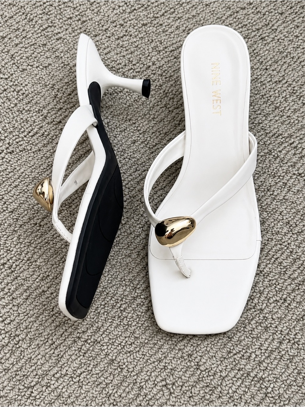 Nine West White Leather Thong Sandals with Gold Accent